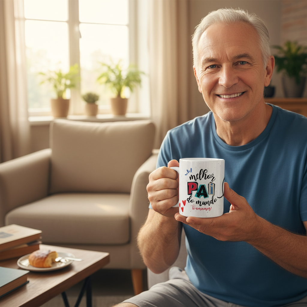 Homem a segurar caneca Melhor Pai do Mundo