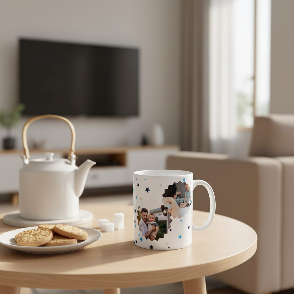 Caneca 'Melhor Pai do Mundo' em contexto familiar - vista de cima com lanche e chá