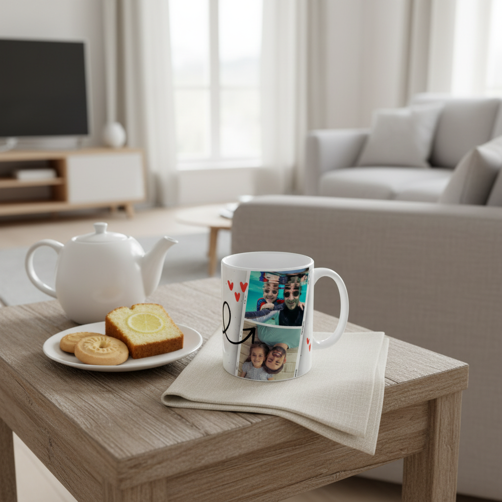 Caneca personalizada em ambiente familiar - vista de cima com chá e lanche